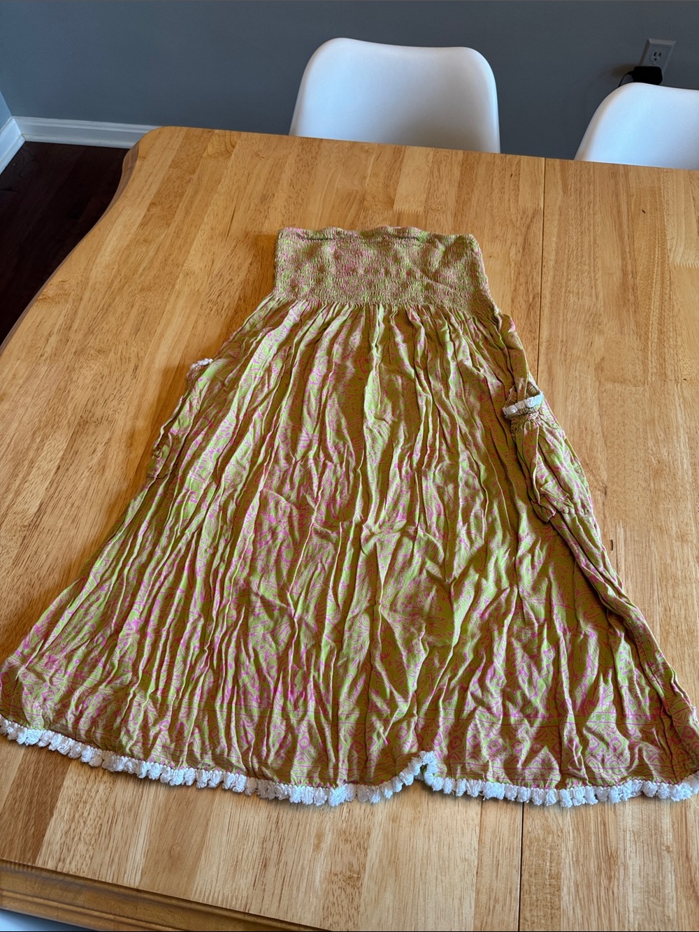 Boho Smocked Green & Pink Maxi Skirt with Fringe Hem